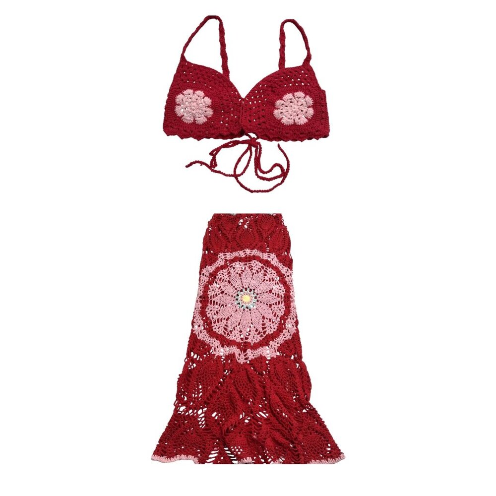 Oceanus Bella Crochet Co-ord Set in Red